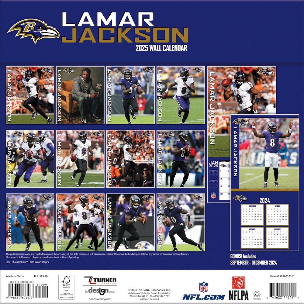 Baltimore Ravens Lamar Jackson 2025 NFL Wall Calendar