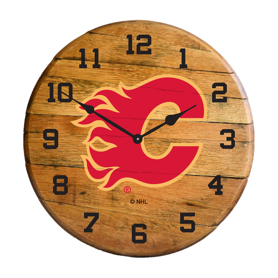 Calgary Flames Oak Barrel Clock