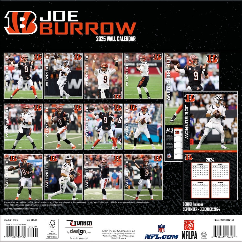 Cincinnati Bengals Joe Burrow 2025 NFL Wall Calendar