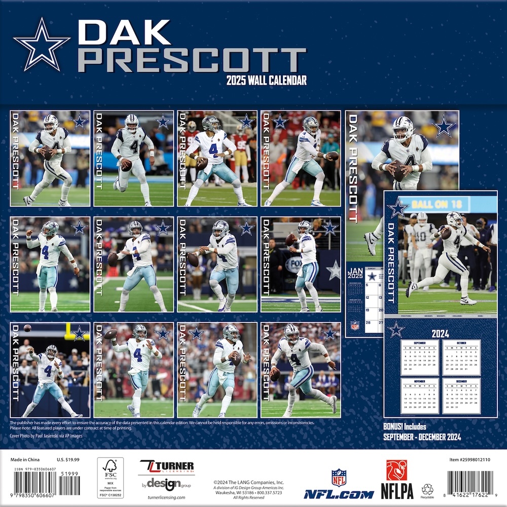 Dallas Cowboys Dak Prescott 2025 NFL Wall Calendar