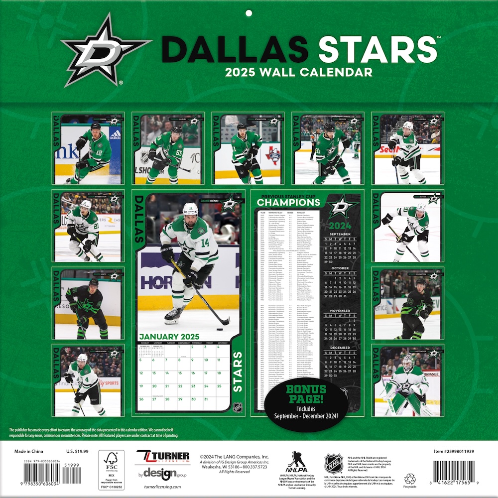 Dallas Stars 2025 NHL Team Wall Calendar