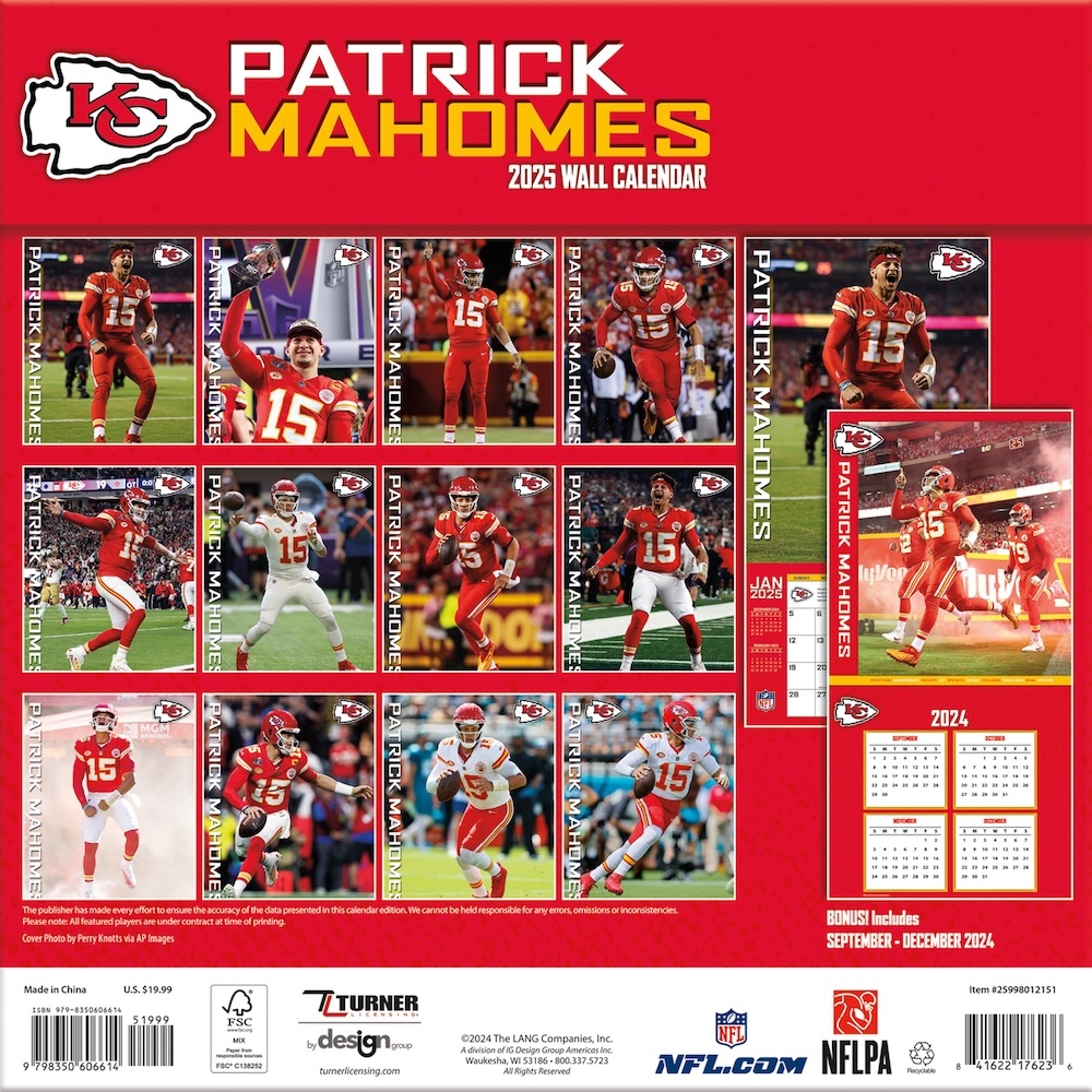 Kansas City Chiefs Patrick Mahomes 2025 NFL Wall Calendar