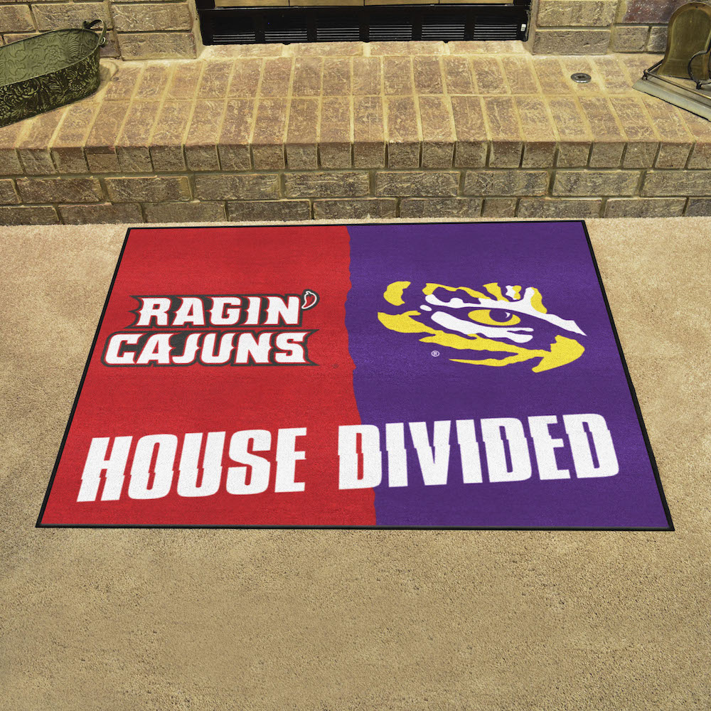 NCAA House Divided Rivalry Rug Louisiana Lafayette Ragin Cajuns - LSU Tigers