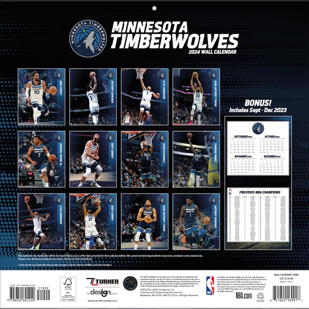 Minnesota Timberwolves 2020 NBA Team Wall Calendar - Buy 