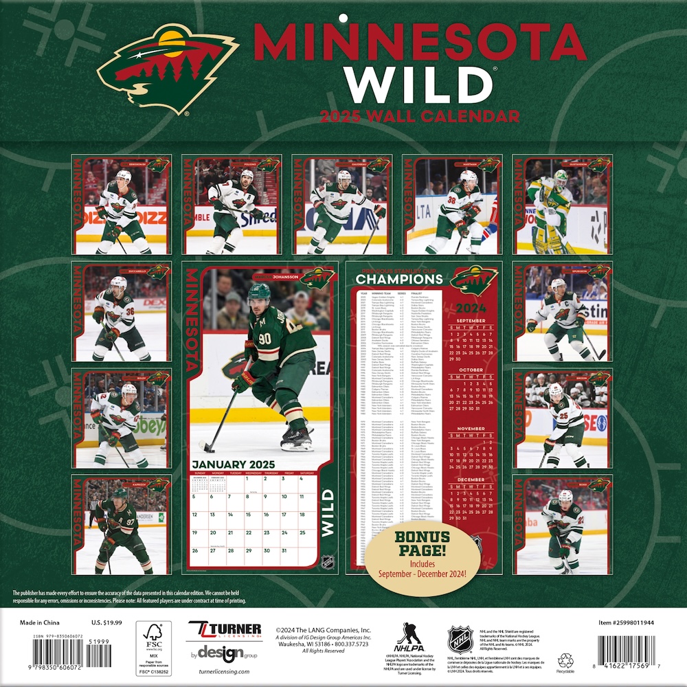 Minnesota Wild 2025 NHL Team Wall Calendar