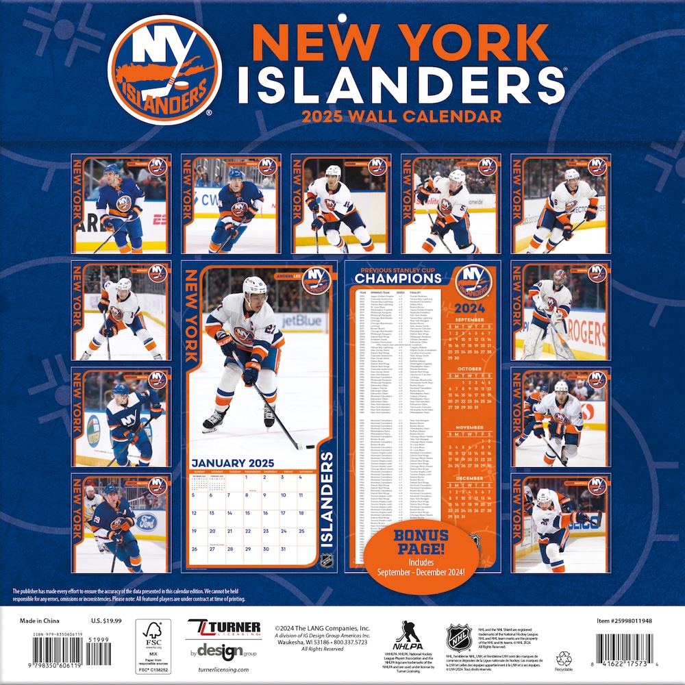 New York Islanders 2025 NHL Team Wall Calendar