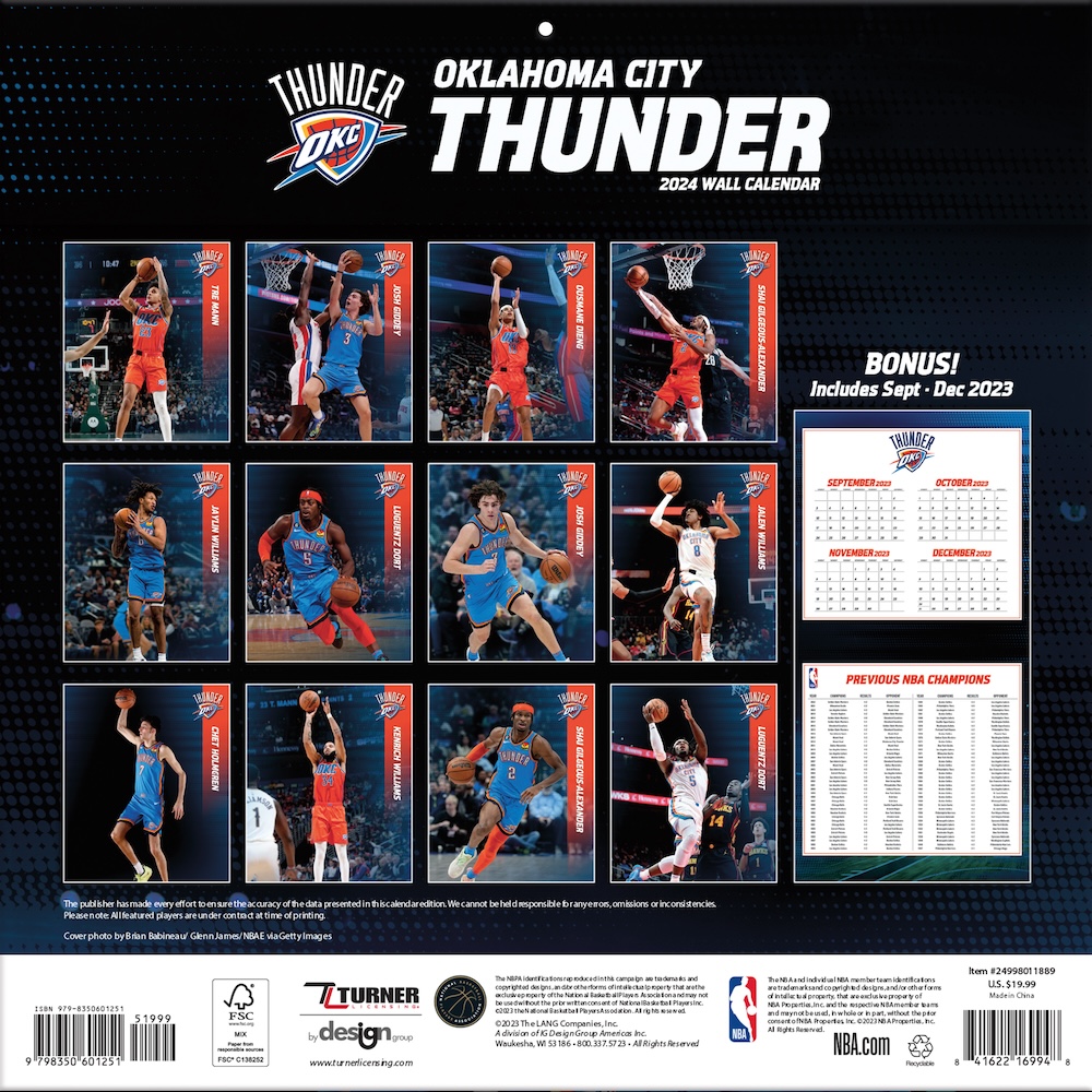 Oklahoma City Thunder 2022 Nba Team Wall Calendar - Buy At Khc Sports