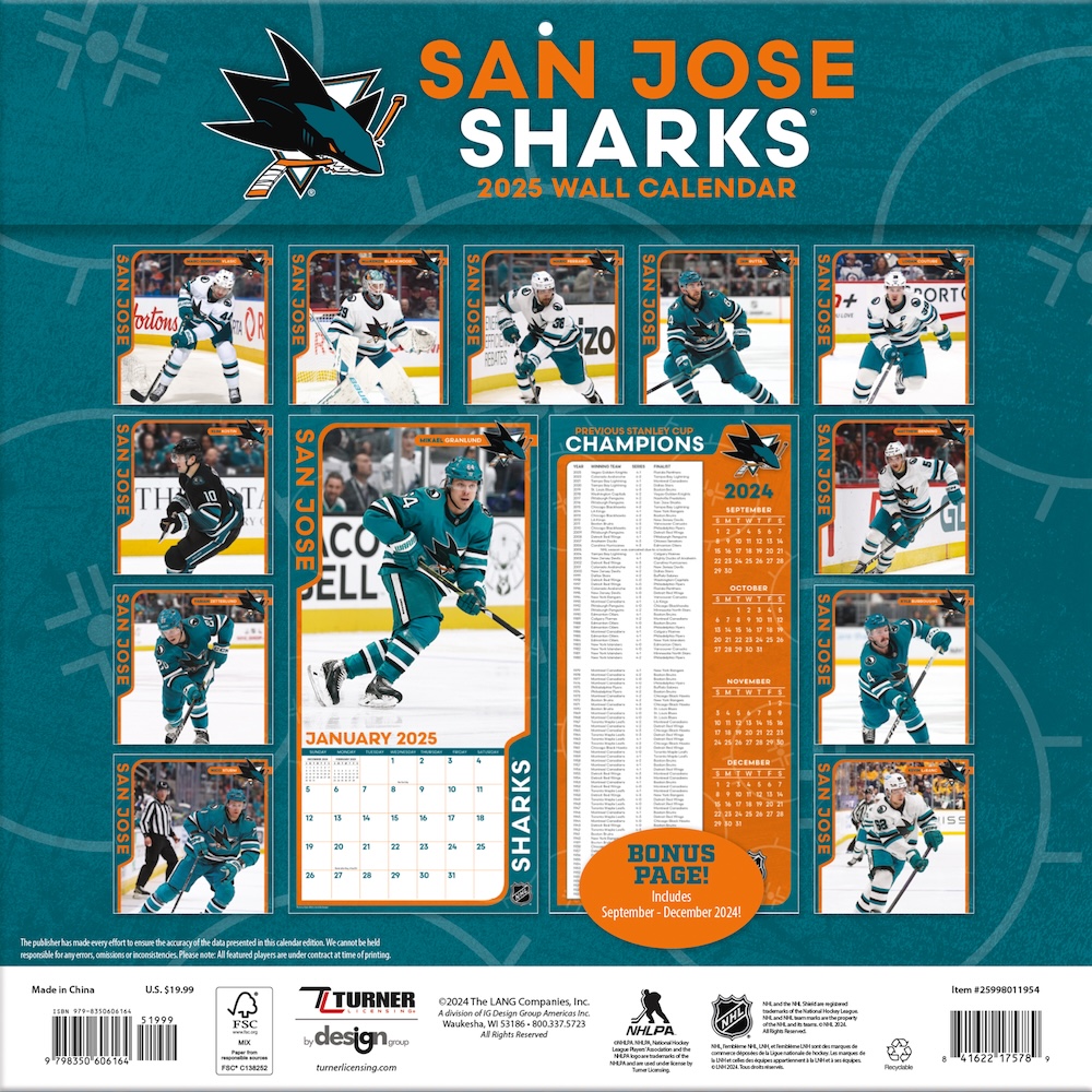 San Jose Sharks 2025 NHL Team Wall Calendar