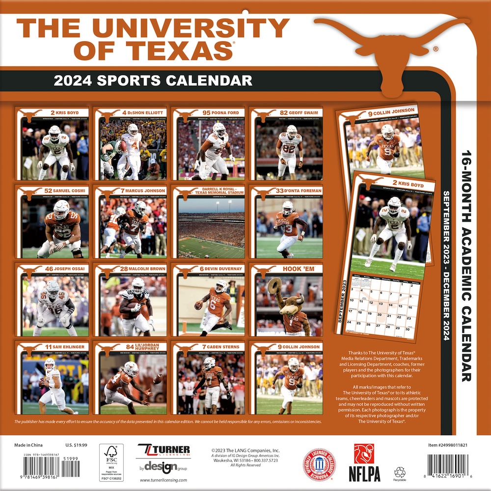 Texas Longhorns 2025 NCAA Team Wall Calendar